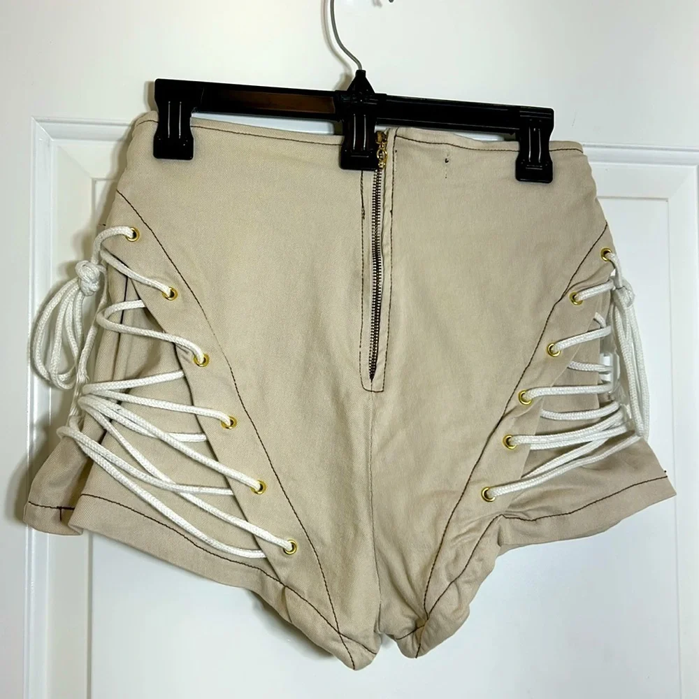 PrettyLittleThing Shape Ecru Lace Up Side Denim Shorts NWT